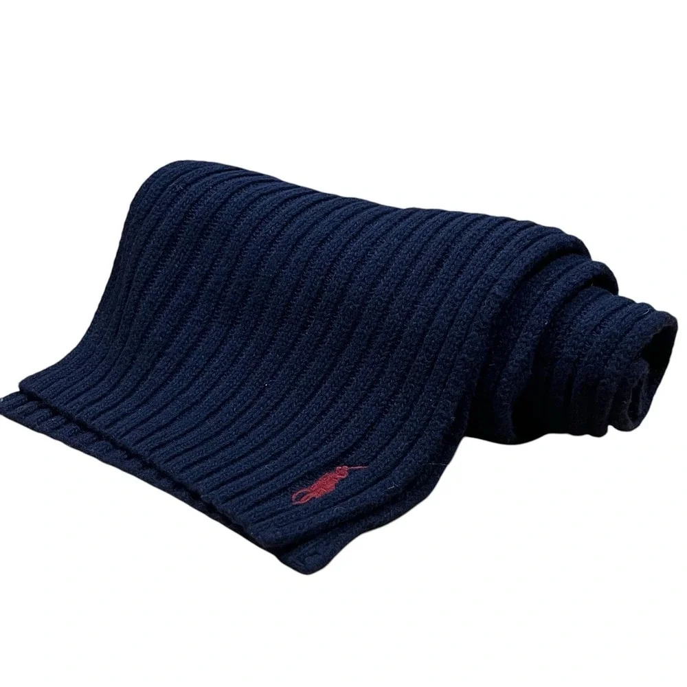 Polo Ralph Lauren Wool Blend Rectangular Scarf One Size Navy Ribbed Knit Pony